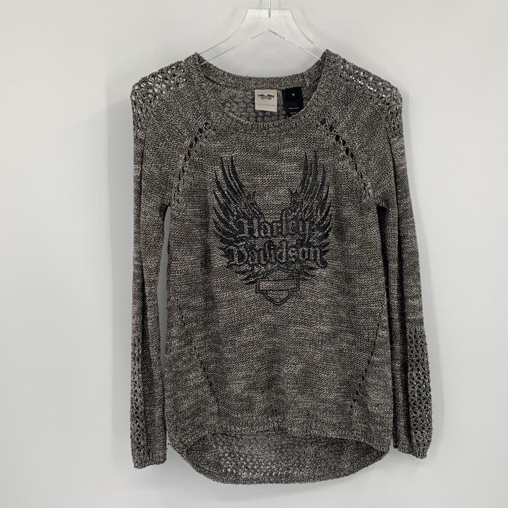 Harley Davidson black white heather sweater winged logo mesh women Small